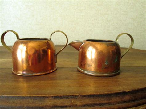 Copper Cream Sugar Set Vintage 70s Creamer Pitcher Cottage Farmhouse Rustic Cabin Decor