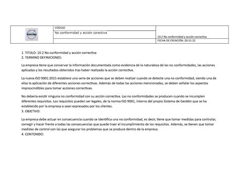 10 Ejemplo de una auditoria CÓDIGO 10 No conformidad y acción