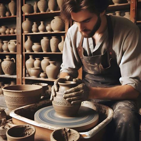 Master Potter Shaping Clay On A Wheel In A Sunlit Artisan Workshop