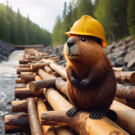 Premium Photo | A beaver in a yellow construction helmet stands on a ...