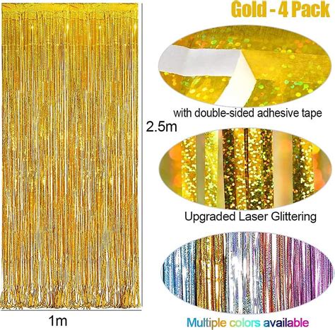 4 Pieces 1x2 5m Gold Metallic Fringe Curtain Shiny Foil Fringe