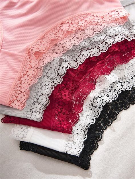 SHEIN Peças Pacote Calcinhas de Maiô Bikini Laço de Fita e Borda de Renda Simples e