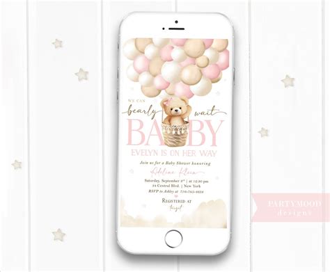 Editable Bear Hot Air Balloon Girl Baby Shower Invitation Evite Boho Pink Teddy Bear We Can