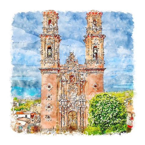 Santa Prisca Taxco Mexico Watercolor Sketch Hand Drawn Illustration