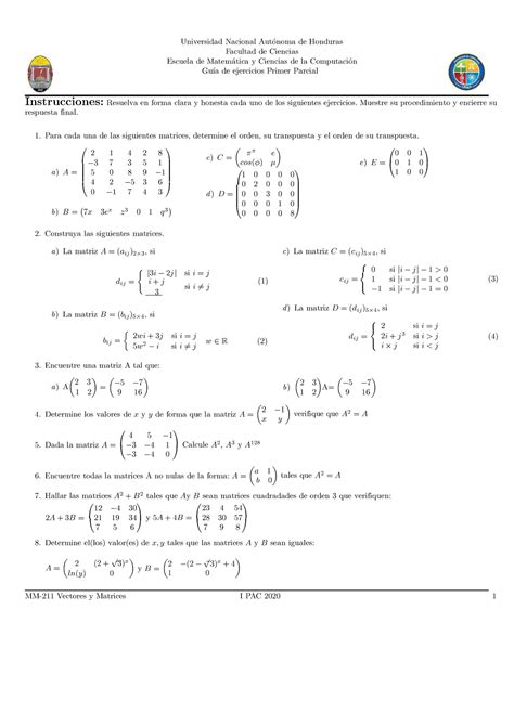 Unah Tarea Vectores Y Matrices Parcial I Compress Facultad De