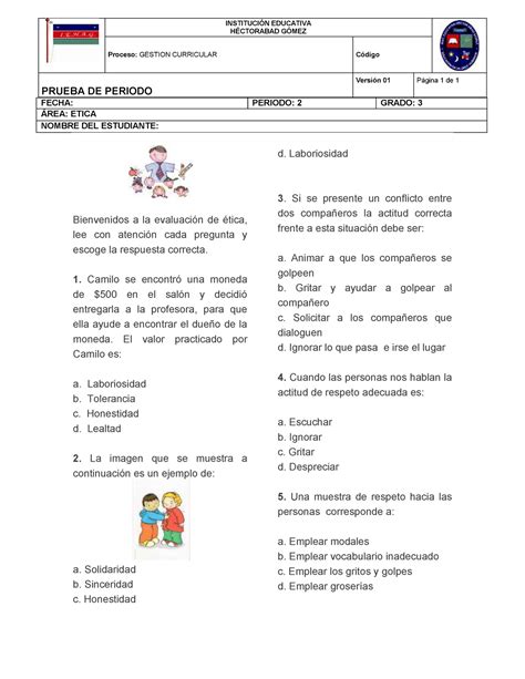 Taller De Etica Para Estudiantes Fecha Periodo Grado Rea