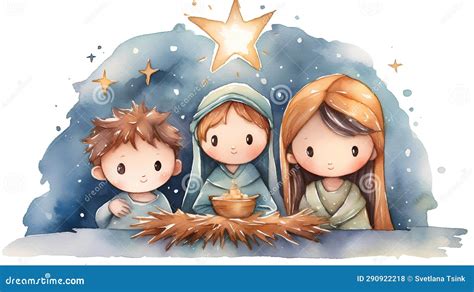 Christmas Nativity Scene with the Holy Family. Watercolor Illustration ...