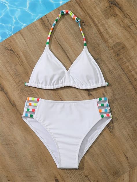 Girls Colorblock Halter Triangle Bikini Swimsuit SHEIN USA