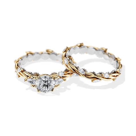 Nature Inspired Two Tone Bridal Set / Branch Diamond Engagement Ring