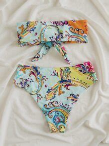 Paisley Print Knot Front Bandeau Bikini Swimsuit SHEIN USA