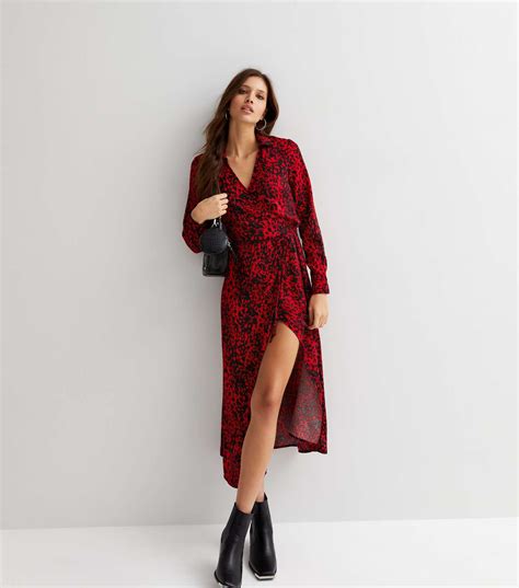 Red Leopard Print Long Sleeve Midi Wrap Dress New Look