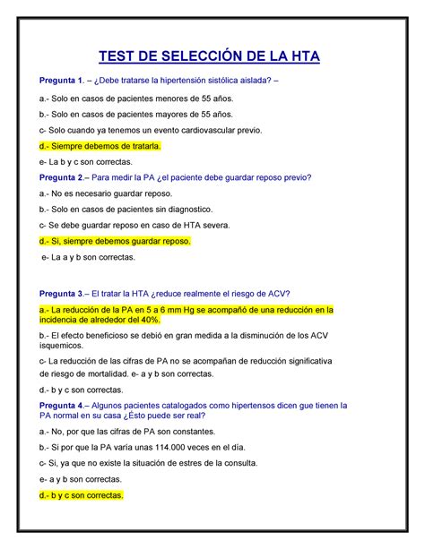 CUESTIONARIO DE HIPERTENSION ARTERIAL PARA PRACTICAR TEST DE