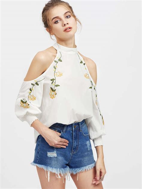 Buttoned Keyhole Open Shoulder Shirred Cuff Embroidered Top Shein