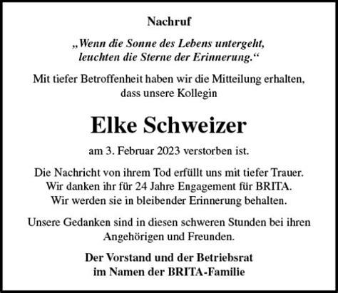 Traueranzeigen Von Elke Schweizer Vrm Trauer De