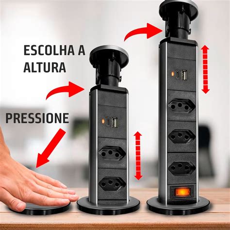 Torre De Tomada Multiplug Embutir Tomadas Bancada Retratil Mesa Usb