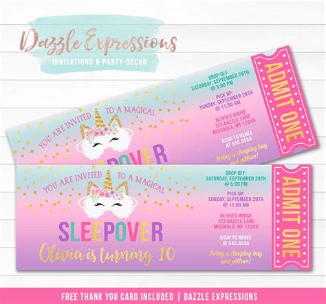 Unicorn Sleepover Ticket Invitation 1 Free Thank You Card Slumber