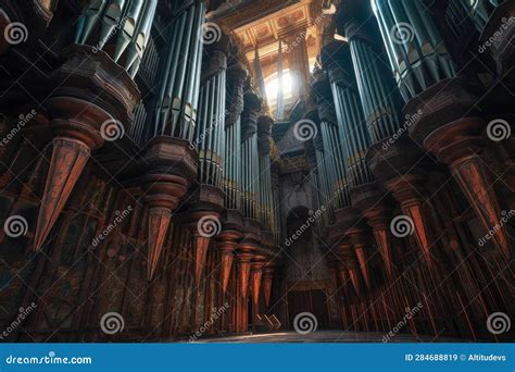 rows  majestic pipe organ pipes   cathedral stock illustration
