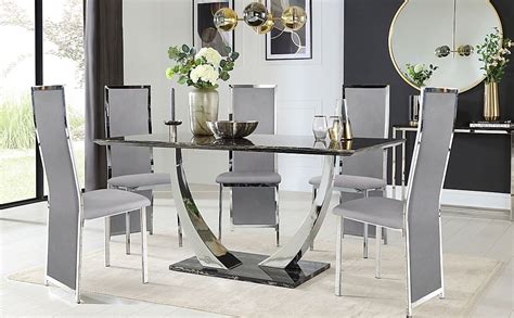 Peake Dining Table And 4 Celeste Chairs Black Marble Effect And Chrome Grey Classic Velvet 160cm