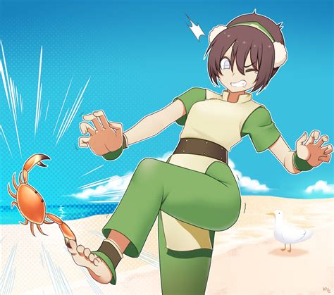 Safebooru 1girl Avatar The Last Airbender Barefoot Beach Bird Black Hair Blue Sky Crab Feet