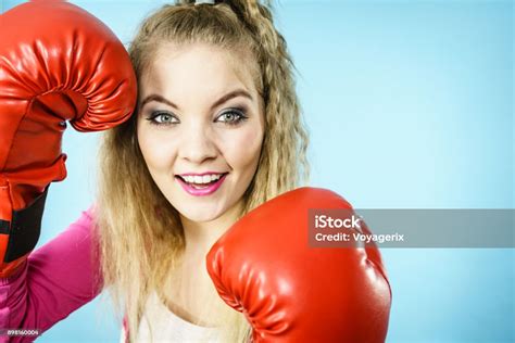 Funny Girl In Red Gloves Playing Sports Boxing Stock Photo Download