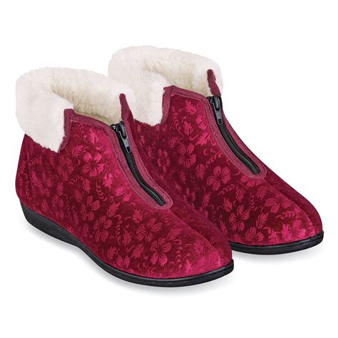 Faux Fur Trimmed Zip-Front Velvet Bootie Slippers | Collections Etc.