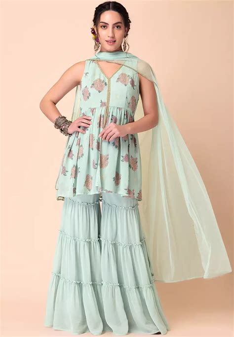 Buy Indya Varun Bahl X Indya Pastel Green Sharara With Printed Short