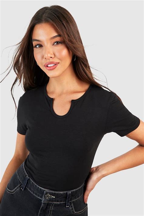 Womens Black Basic Short Sleeve Notch Neck Bodysuit Boohoo Uk