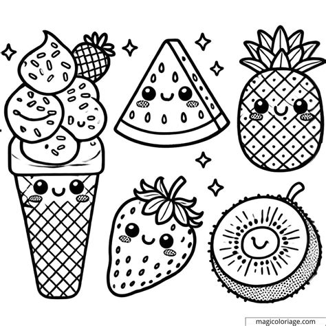 Coloriage glace pastèque ananas fraise et kiwi kawaii à imprimer