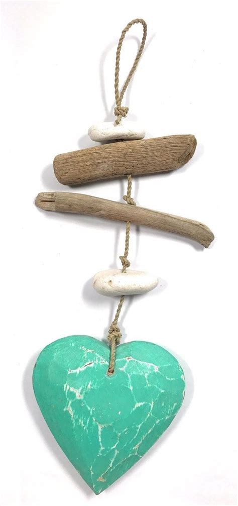 Driftwood Garland Heart W White Stone 12 Turquoise Lis3100630t Etsy Beach Art Crafts