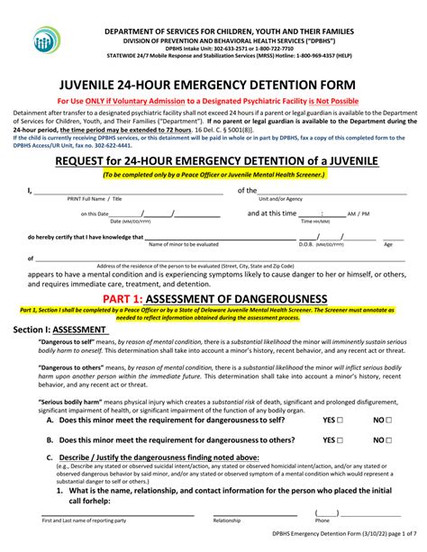 Delaware Juvenile Hour Emergency Detention Form Fill Out Sign