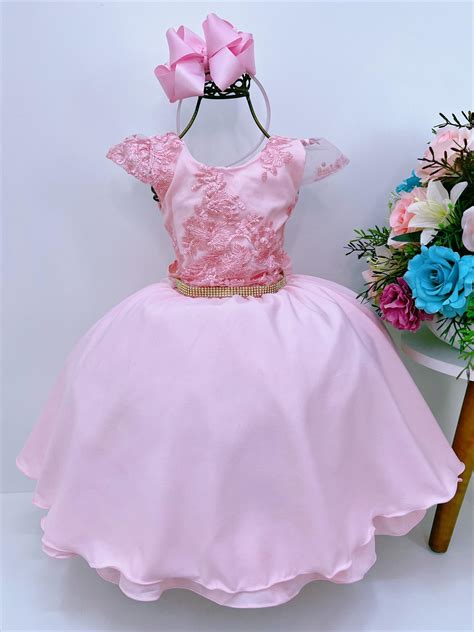 Vestido Infantil Rosa C Renda Cinto P Rolas Luxo Damas Rosa Charmosa