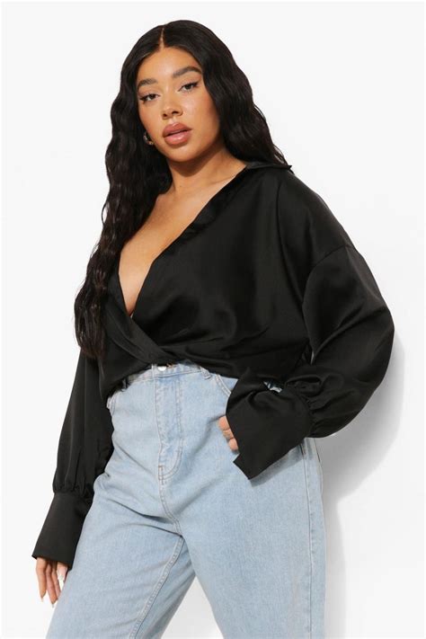 Plus Plunge Wrap Front Satin Blouse Boohoo