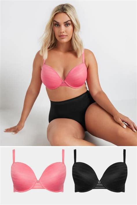 Yours Plus Size 2 Pack Black And Pink Padded Underwired T Shirt Bras