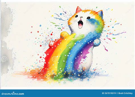 Colorful Rainbow Cute Chibi Cat Watercolor Painting Stock Illustration ...