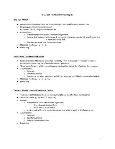 STAT 310 Final Exam Review Topics One