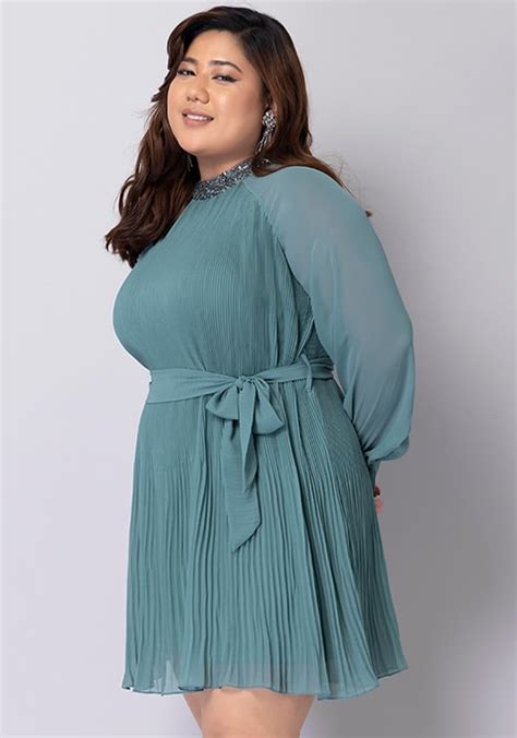 Buy Women Plus Size Green Embellished Pleated Dress With Belt