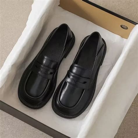 Mocassins De Couro Preto Para Mulheres Sapatos De Plataforma Salto