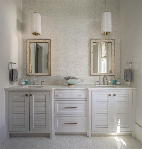 White Shutter Dual Washstand With Marble And Brass Beveled Mirrors