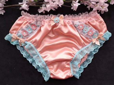 Peach Satin Bikini Panties Soft Sensual Sissy Knickers With A Two Tone Daisy Trim Made To Order