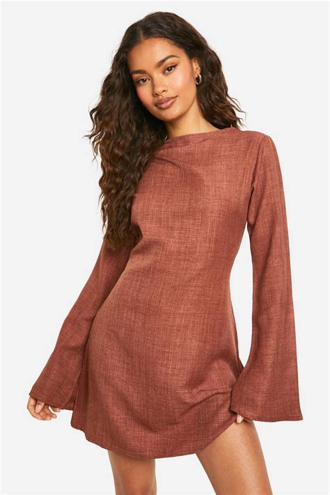 Linen Look Flare Sleeve Mini Dress Boohoo Uk