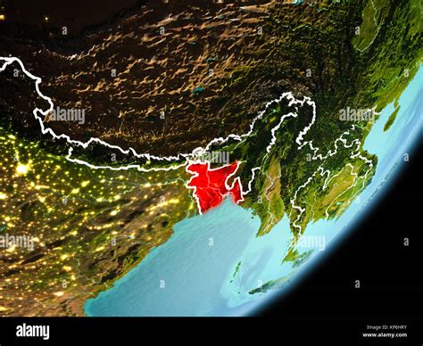 Bangladesh In Early Morning Light Highlighted In Red On Planet Earth