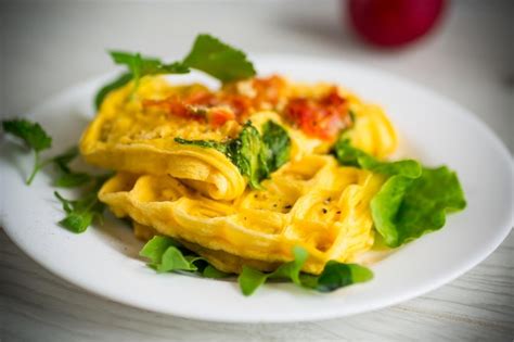 Omelete De Ovo Recheado Tomate E Verduras Frito Em Forma De Waffles