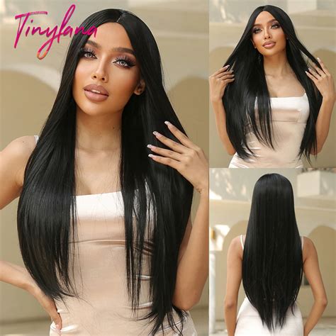 Synthetic Long Straight Natural Black Middle Part Wigs For White Women Afro Daily Cosplay Party