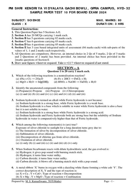 Science Class X Sample Paper Test 10 For Board Exam 2024 Pdf