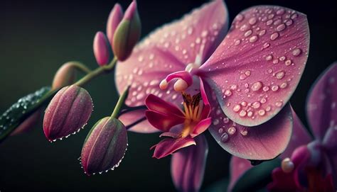 Una orquídea rosa con gotas de agua Foto Premium