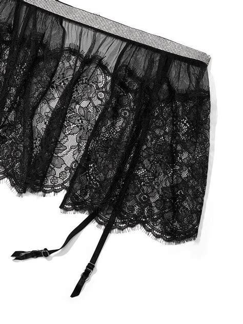 New Victoria S Secret Shine Strap Lace Skirted Garter Belt Lingerie Black XS S EBay