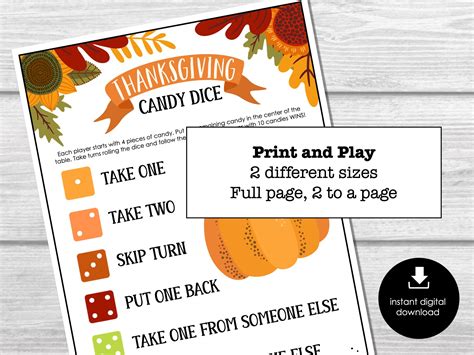 Thanksgiving Dice Game Friendsgiving Party Game Printable Dice Game