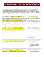 Federalist 10 Analysis Docx FOUNDATIONAL DOCUMENT Federalist 10 Name