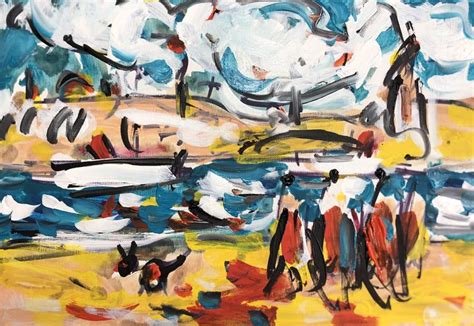 An Abstract Painting With People Walking On The Beach In Front Of Water