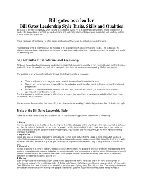 Bill Gates As A Leader | PDF | Transformational Leadership | Leadership